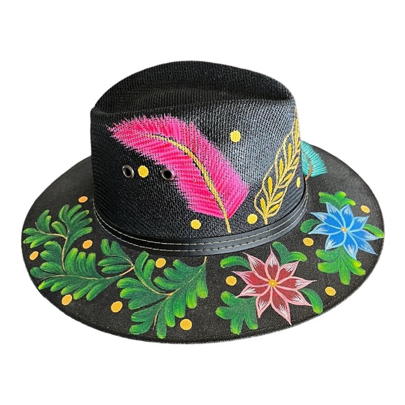 HAT MEXICAN Artisanal Hand Painted Fedora Floral Sombrero Panama Bohemian Black main image 3